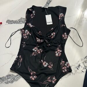 Bar III Black Bodysuit with Pink Floral Pattern